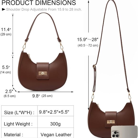 Brown vegan leather shoulder bag with multiple styles, 9.8x5.5x2.5 inches - Picture 4 of 7